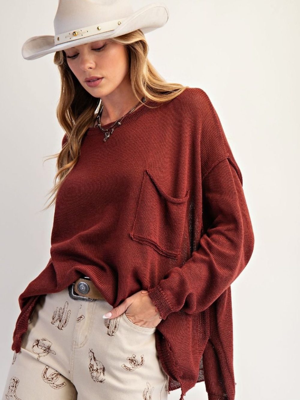 Easel Mahogany Frayed Sweater